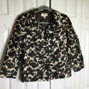 Talbots Woman Sz2 White Brown Cotton Floral Brocade 3/4 Sleeve Snap Jacket Vtg